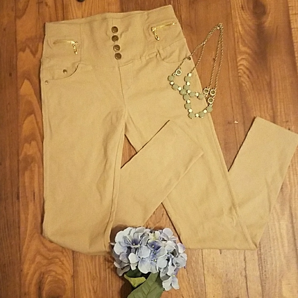 Tan  Stretch Jeans with gold zipper